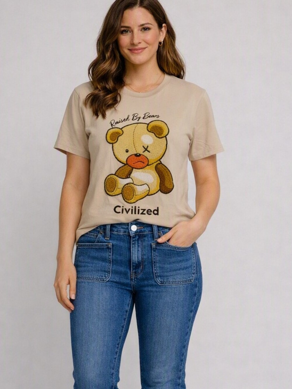 Civilized Raised By Bears Teddy Graphic Tee Small (Oversized)